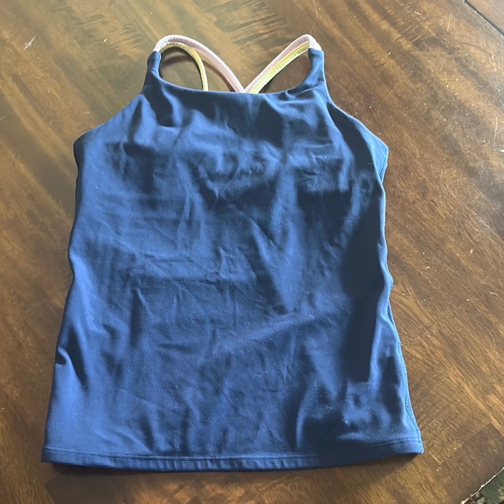 Athleta Girl Navy Tank Pink,/Yellow Straps Built-In Bra Removable Pads Sz L(12)